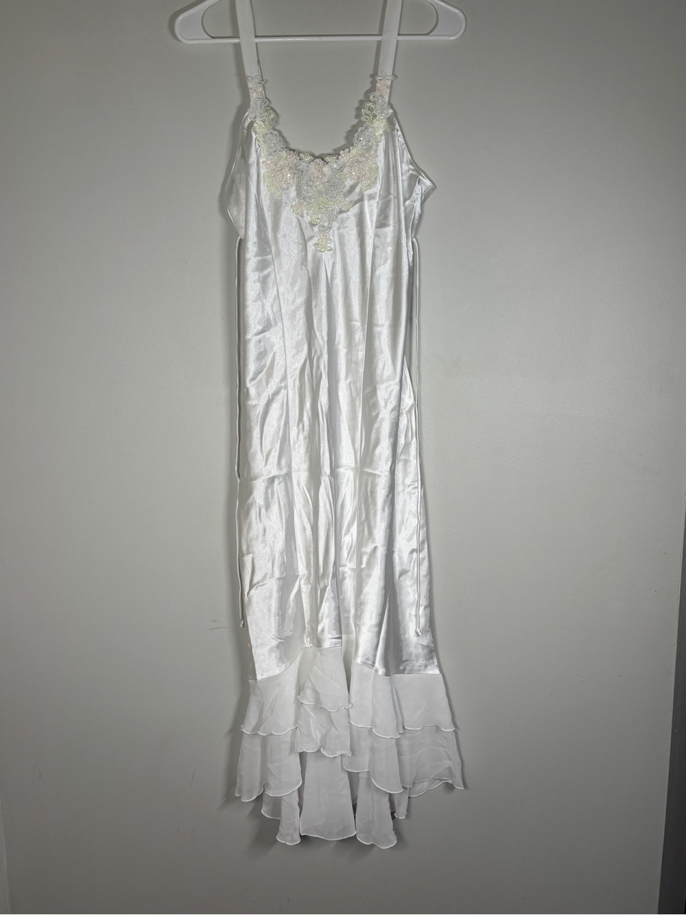 Linea Donatella White Satin Slip Maxi Dress with Lace Appliqué